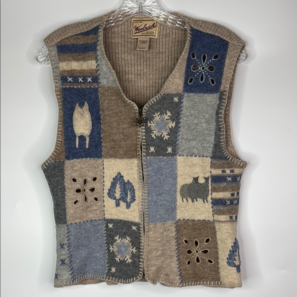 Woolrich Sheep Patchwork Wool Knit Vest Size Large (fits like S/M)